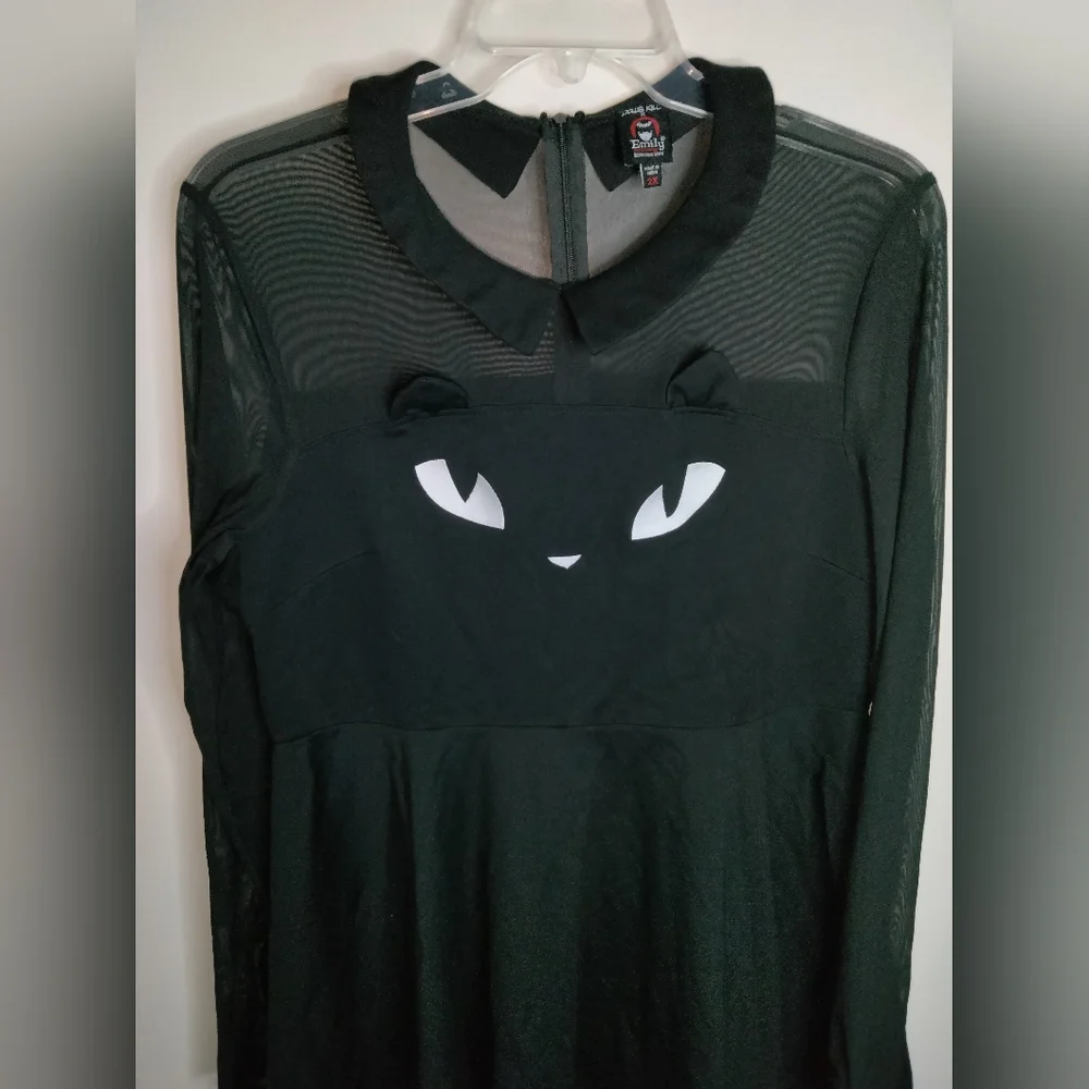 Dolls Kill x Emily (Size 2X) Black Cat Face Sheer Thumbhole Cuff LS Mini Dress - Picture 4 of 16